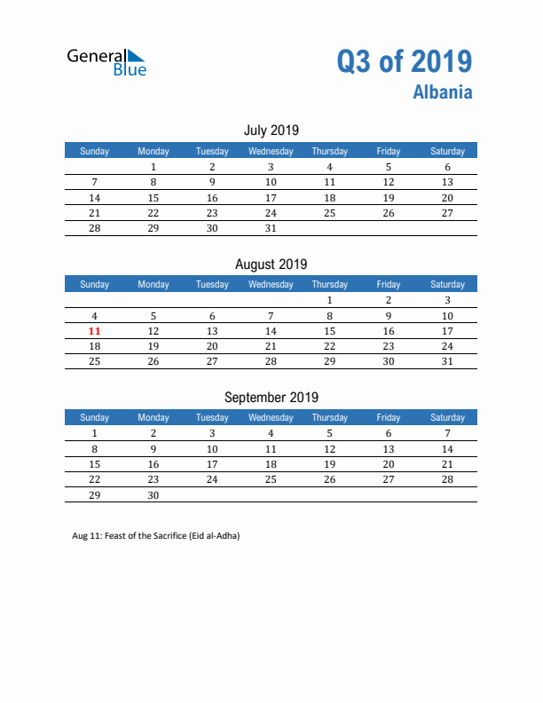 Albania Q3 2019 Quarterly Calendar with Sunday Start