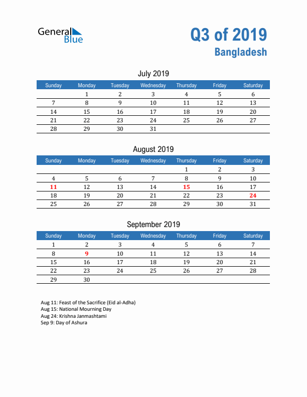 Bangladesh Q3 2019 Quarterly Calendar with Sunday Start