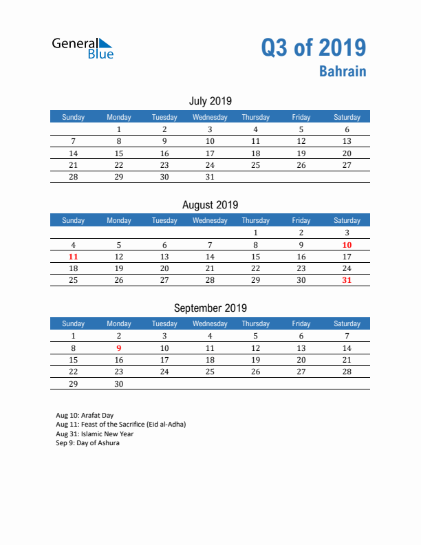 Bahrain Q3 2019 Quarterly Calendar with Sunday Start