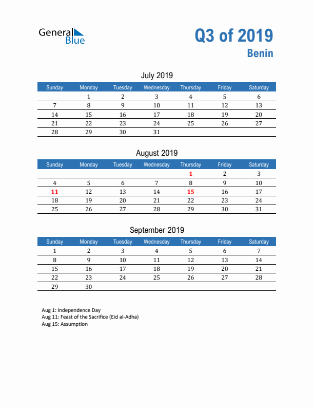 Benin Q3 2019 Quarterly Calendar with Sunday Start