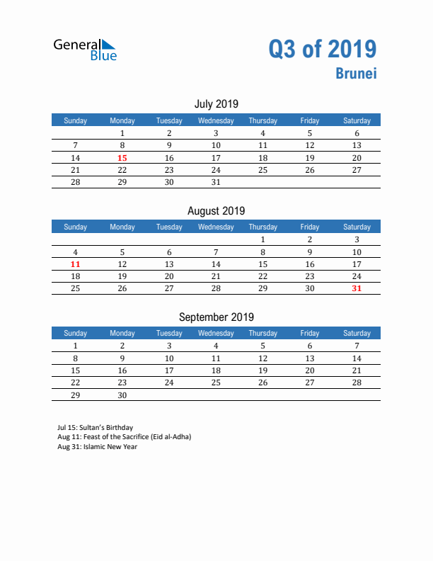 Brunei Q3 2019 Quarterly Calendar with Sunday Start