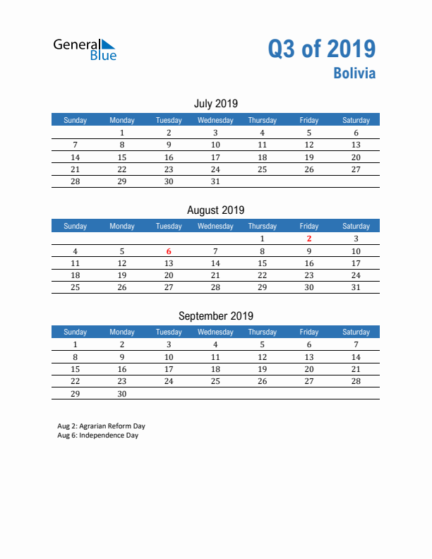 Bolivia Q3 2019 Quarterly Calendar with Sunday Start