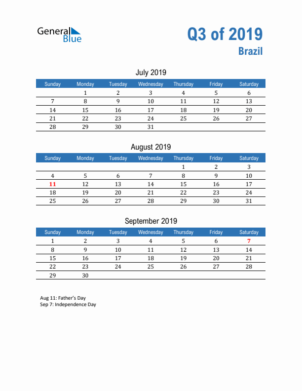 Brazil Q3 2019 Quarterly Calendar with Sunday Start