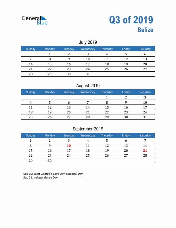 Belize Q3 2019 Quarterly Calendar with Sunday Start