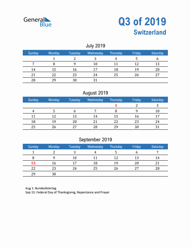 Switzerland Q3 2019 Quarterly Calendar with Sunday Start