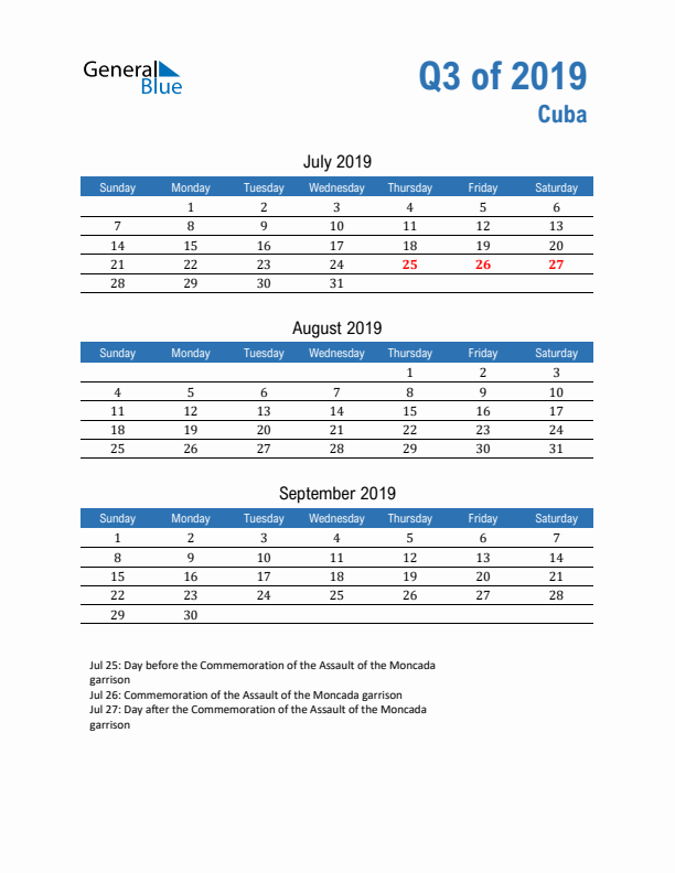 Cuba Q3 2019 Quarterly Calendar with Sunday Start