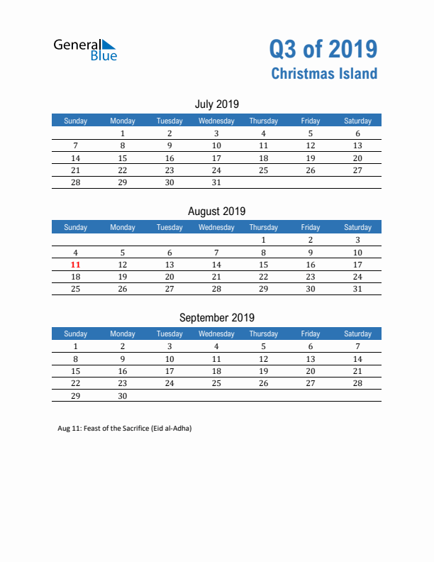 Christmas Island Q3 2019 Quarterly Calendar with Sunday Start