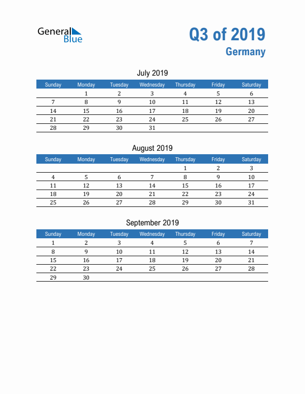 Germany Q3 2019 Quarterly Calendar with Sunday Start