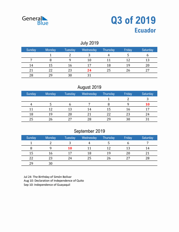 Ecuador Q3 2019 Quarterly Calendar with Sunday Start