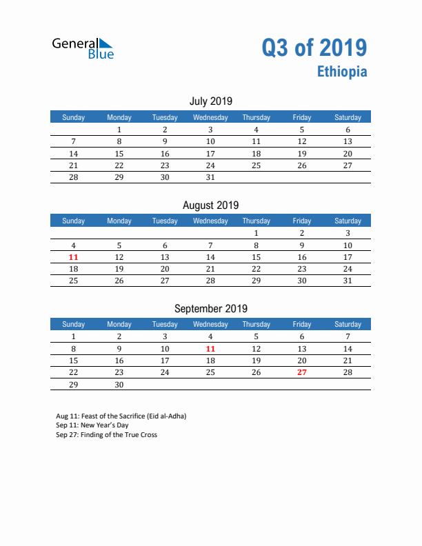 Ethiopia Q3 2019 Quarterly Calendar with Sunday Start