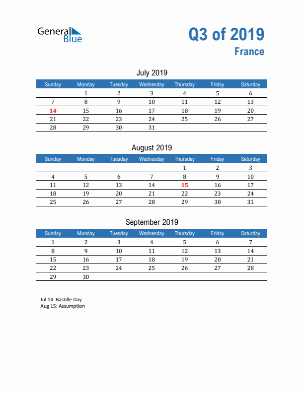 France Q3 2019 Quarterly Calendar with Sunday Start