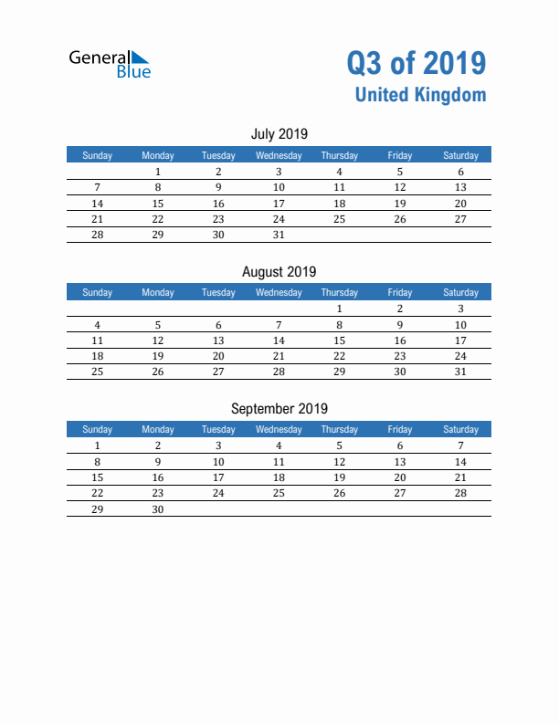 United Kingdom Q3 2019 Quarterly Calendar with Sunday Start