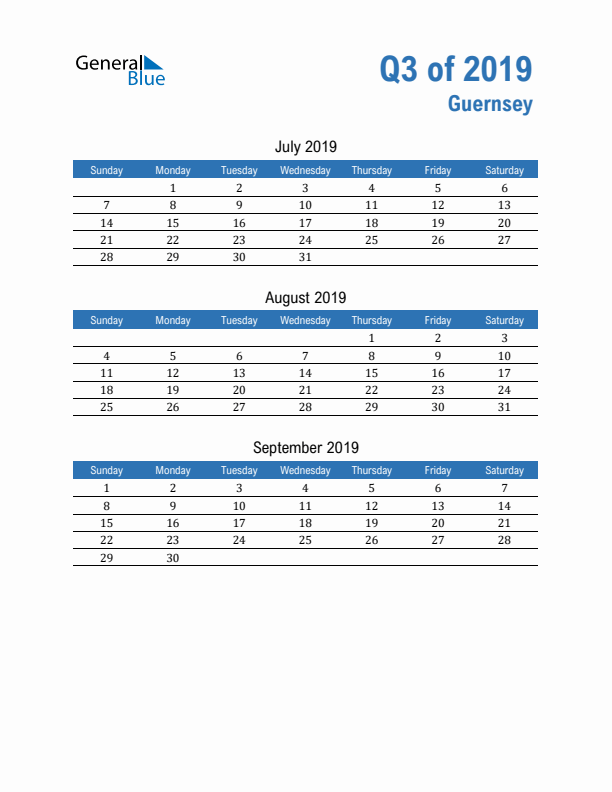 Guernsey Q3 2019 Quarterly Calendar with Sunday Start