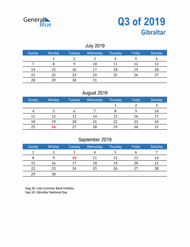 Gibraltar Q3 2019 Quarterly Calendar with Sunday Start