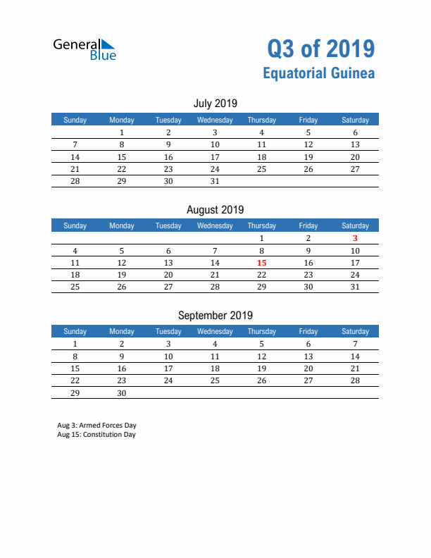 Equatorial Guinea Q3 2019 Quarterly Calendar with Sunday Start