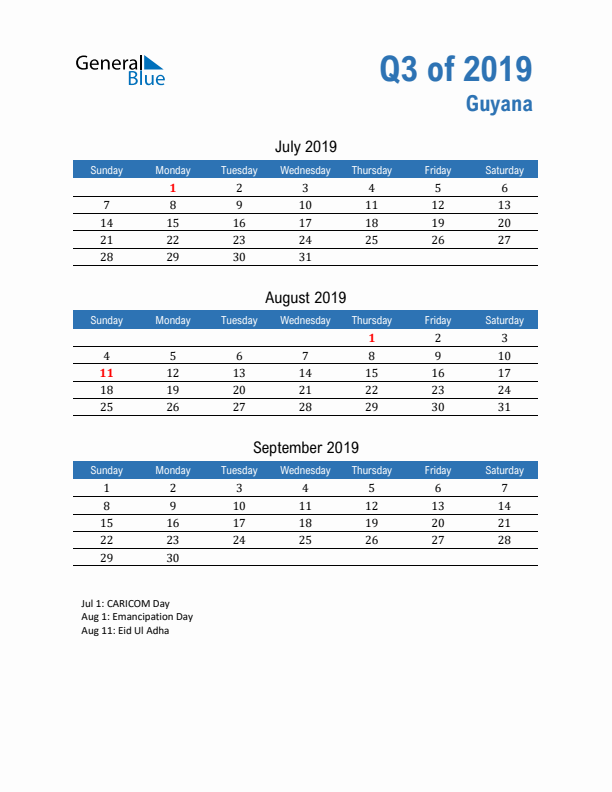 Guyana Q3 2019 Quarterly Calendar with Sunday Start