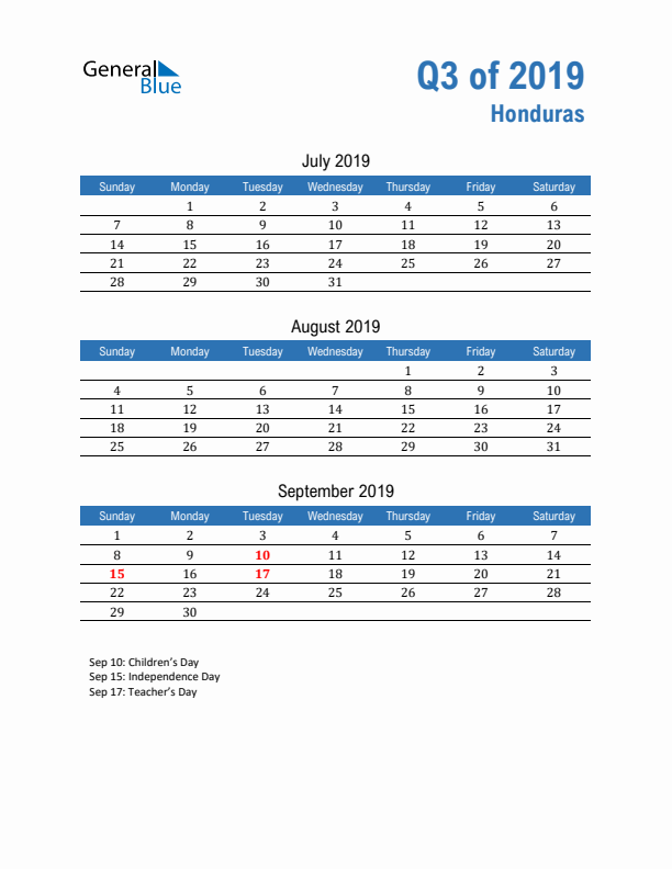 Honduras Q3 2019 Quarterly Calendar with Sunday Start