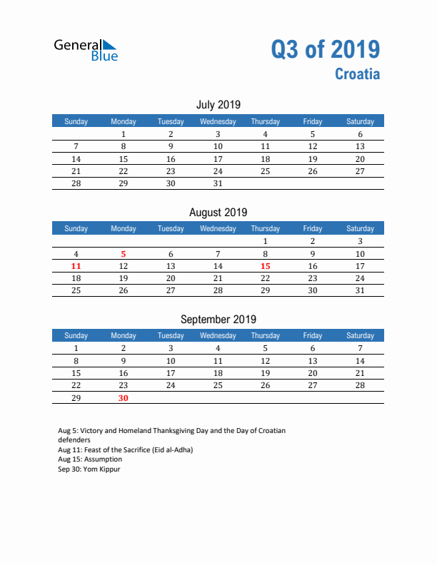 Croatia Q3 2019 Quarterly Calendar with Sunday Start