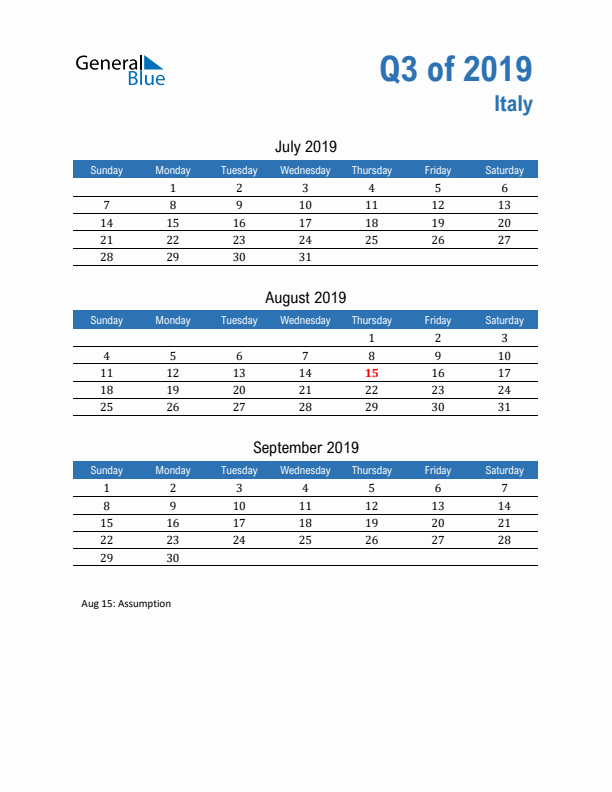 Italy Q3 2019 Quarterly Calendar with Sunday Start