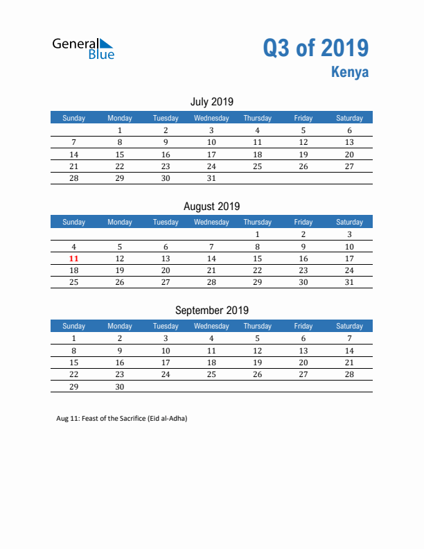 Kenya Q3 2019 Quarterly Calendar with Sunday Start