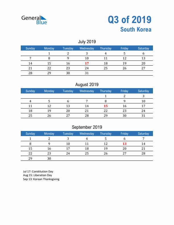 South Korea Q3 2019 Quarterly Calendar with Sunday Start