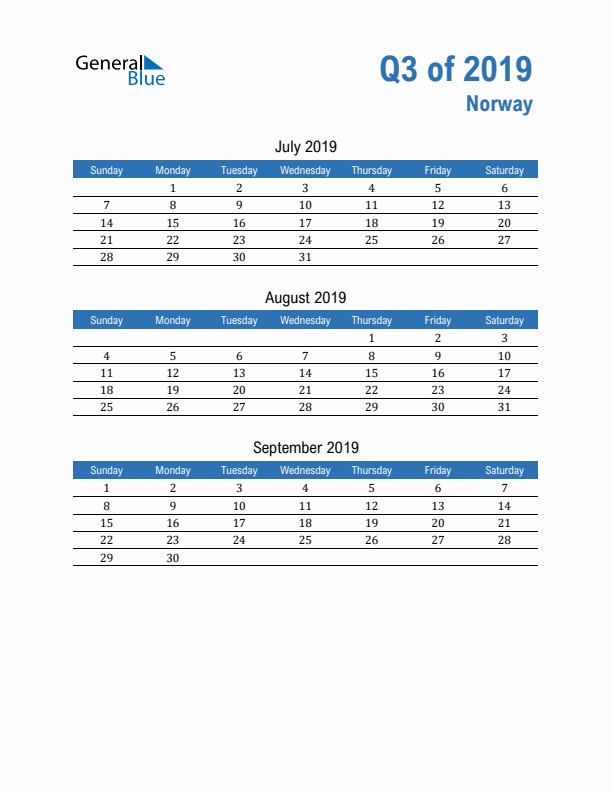 Norway Q3 2019 Quarterly Calendar with Sunday Start