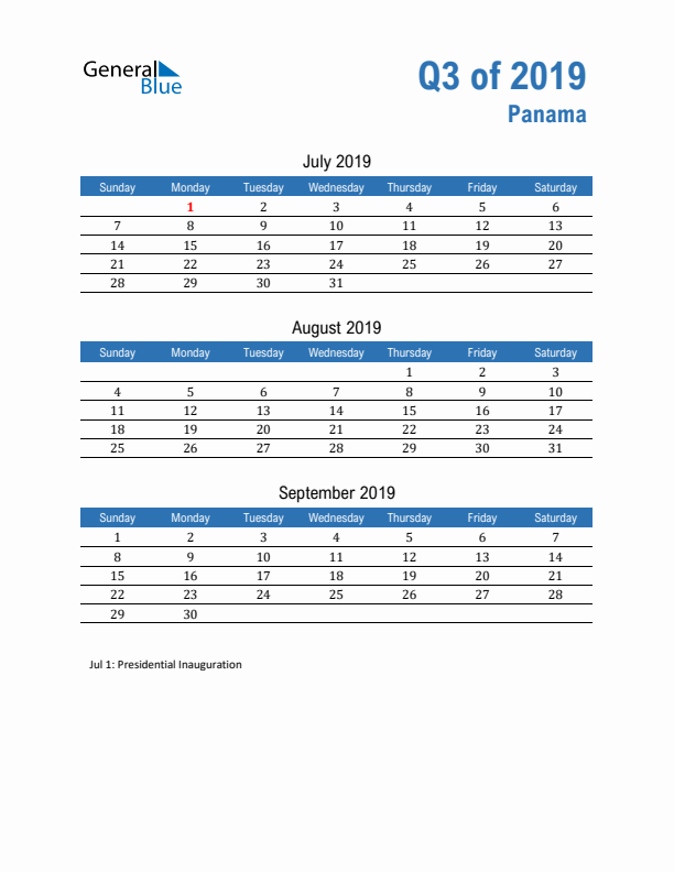 Panama Q3 2019 Quarterly Calendar with Sunday Start