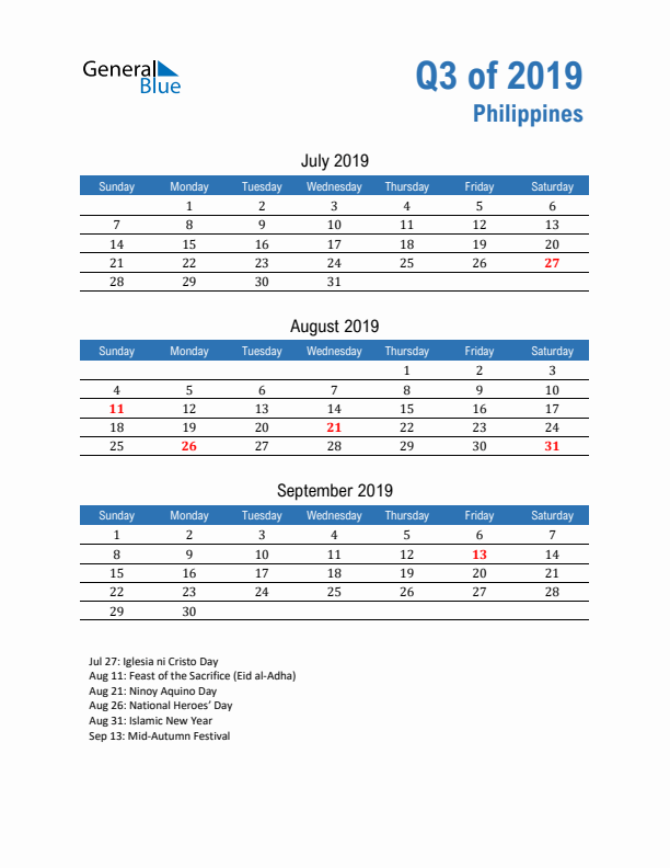 Philippines Q3 2019 Quarterly Calendar with Sunday Start