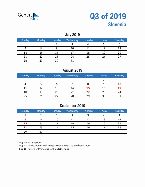 Slovenia Q3 2019 Quarterly Calendar with Sunday Start