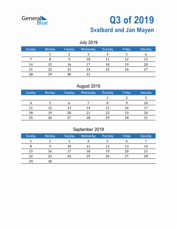 Svalbard and Jan Mayen Q3 2019 Quarterly Calendar with Sunday Start