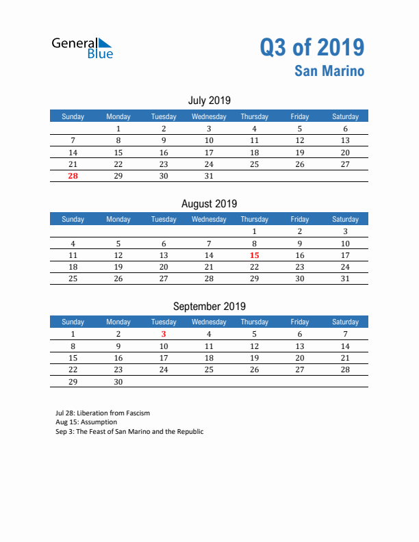 San Marino Q3 2019 Quarterly Calendar with Sunday Start