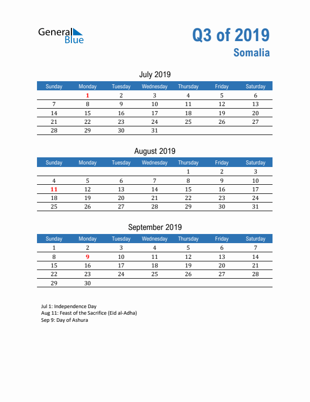 Somalia Q3 2019 Quarterly Calendar with Sunday Start