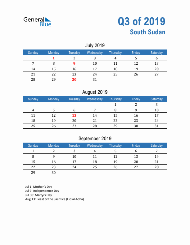 South Sudan Q3 2019 Quarterly Calendar with Sunday Start