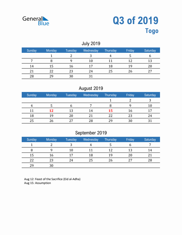 Togo Q3 2019 Quarterly Calendar with Sunday Start