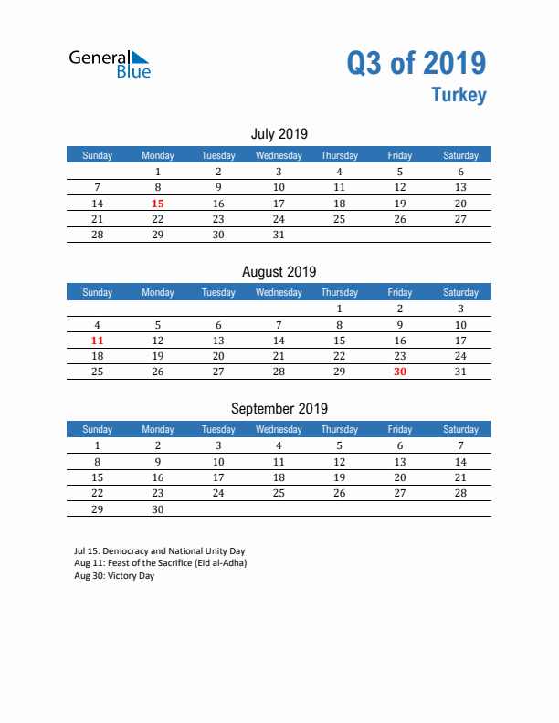 Turkey Q3 2019 Quarterly Calendar with Sunday Start