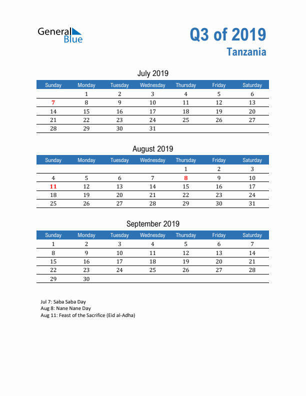 Tanzania Q3 2019 Quarterly Calendar with Sunday Start