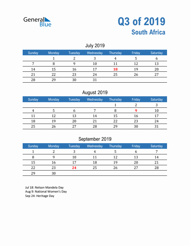 South Africa Q3 2019 Quarterly Calendar with Sunday Start