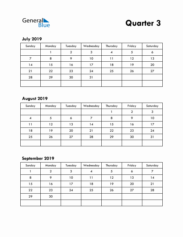 Quarter 3 2019 Calendar - Sunday Start