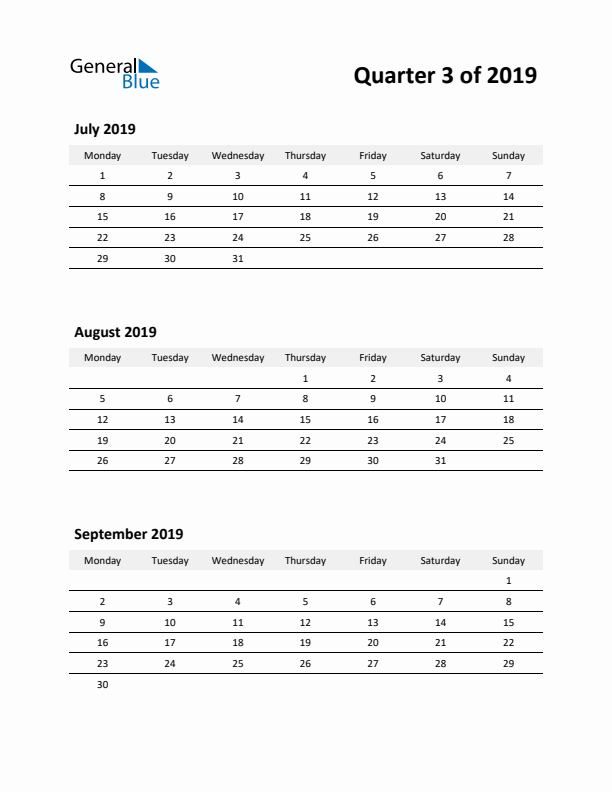 2019 Three-Month Calendar (Quarter 3)