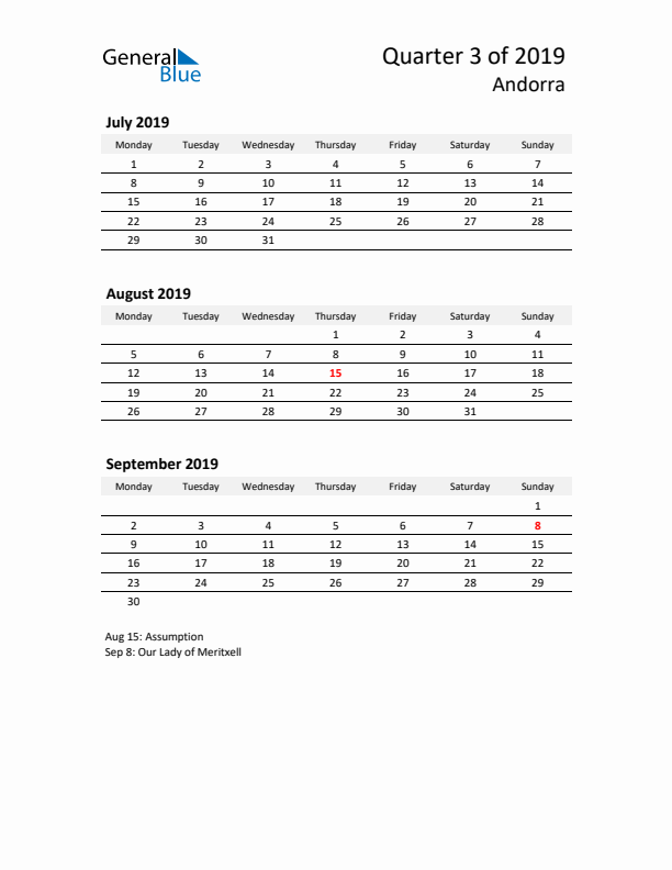 2019 Q3 Three-Month Calendar for Andorra