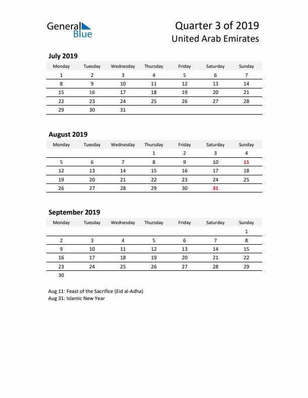 2019 Q3 Three-Month Calendar for United Arab Emirates