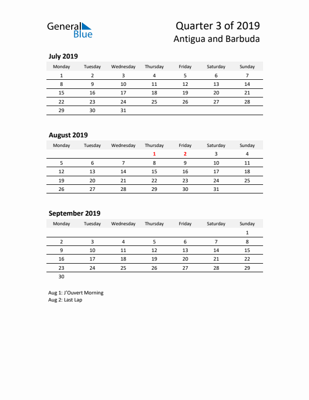 2019 Q3 Three-Month Calendar for Antigua and Barbuda