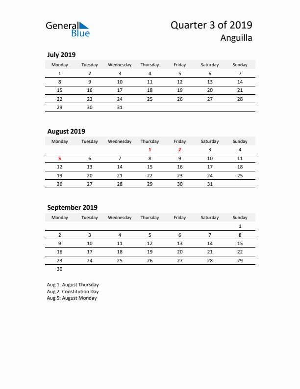 2019 Q3 Three-Month Calendar for Anguilla