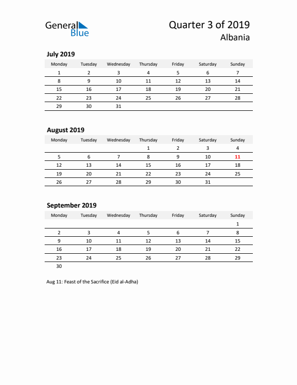 2019 Q3 Three-Month Calendar for Albania