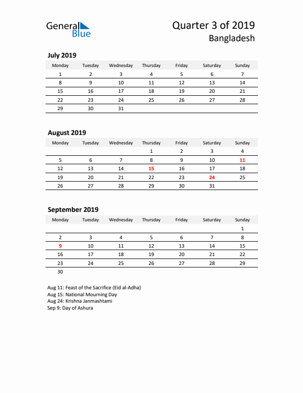 2019 Q3 Three-Month Calendar for Bangladesh