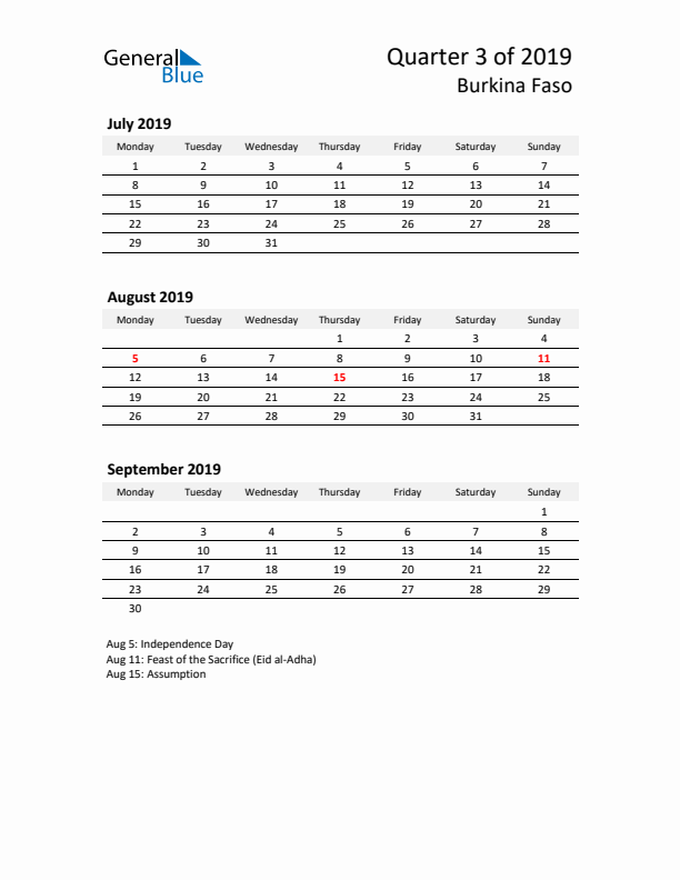 2019 Q3 Three-Month Calendar for Burkina Faso