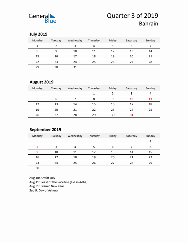 2019 Q3 Three-Month Calendar for Bahrain