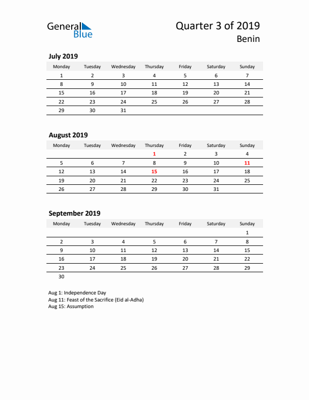 2019 Q3 Three-Month Calendar for Benin