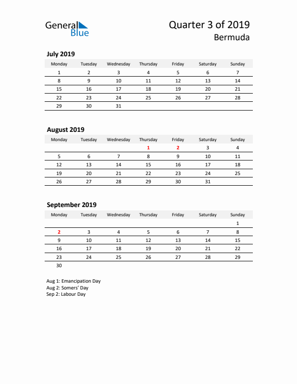 2019 Q3 Three-Month Calendar for Bermuda