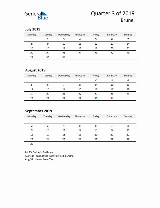 2019 Q3 Three-Month Calendar for Brunei